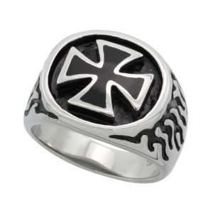 Surgical Steel Maltese Cross Ring with Flames Blackened Finish 11/16 