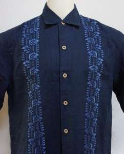TOMMY BAHAMA 100% Linen Navy Blue Awesome Embroidered Mens Camp Shirt 