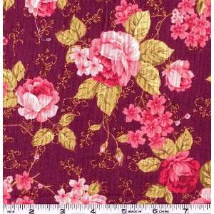  45 Wide Rosie ODay Floral Burgundy & Rose Fabric By The 