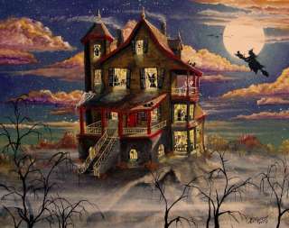   Art HALLOWEEN Haunted House Hill Top Fog Witches Skeletons Byrum PRINT