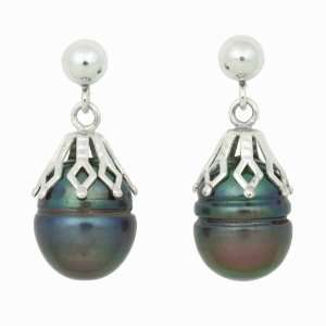  , Circled Black Pearl Drop Earrings with Sterling Silver Ornate Caps