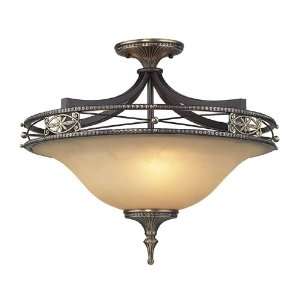 LIGHT SEMI FLUSH IN ANTIQUE BRONZE & DARK UMBER AND MARBLIZED AMBER 