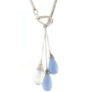 Sterling Silver Lariat Style Necklace Blue Stones CZ Diamonds By 