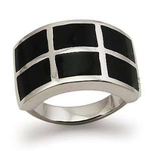  Stainless Steel Womens Ring with Black Resin Inlay   Size 