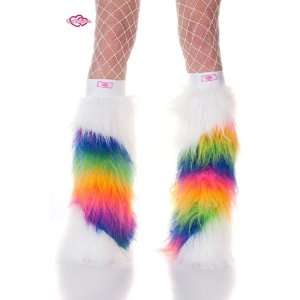 White & Rainbow Slash Striped Faux Fur Fuzzy Furry Legwarmers Boot 