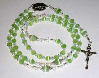 Catholic Rosary Bead Necklace ~ Light Green Cateye  