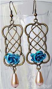  Tone Celtic Knot Blue Rose Pearls Chandelier Dangle Earrings  