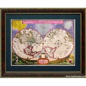   Framed Hemispheres Map Cartography North & South Pole 
