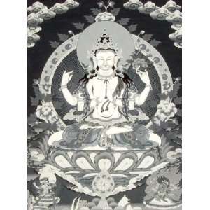  Chenrezig in Black and White   Tibetan Thangka Painting 