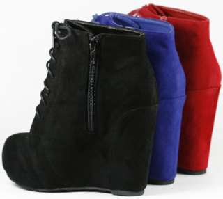 Red Suede Wedge Round Toe Platform Lace Up Ankle Bootie Boot 6 us 