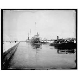   ship,tug in canal,probably Sault Sainte Marie Canal
