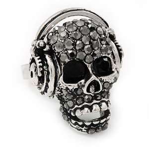 Black Crystal Skull Wearing Headphones Ring In Burn Silver Metal 