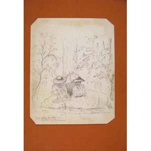  C1855 Drawing Sketch Man Woman Sitting Tree Fine Art: Home 