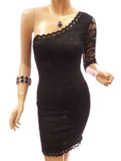   Women Black One Shoulder Crochet Lace Cocktail Mini Dress: Clothing
