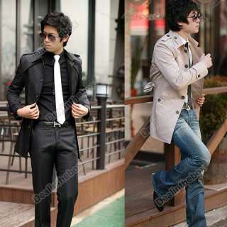 Korea Men Slim Fit Fashion Front Button&Waist Belt Trench Cotton Coat 