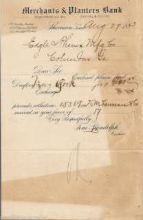 1883 Merchants Planters Bank, Sherman Texas Letter  