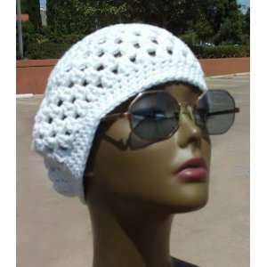  Crocheted Slouchy Beanie Hat Cap Crochet White Cotton: Everything Else