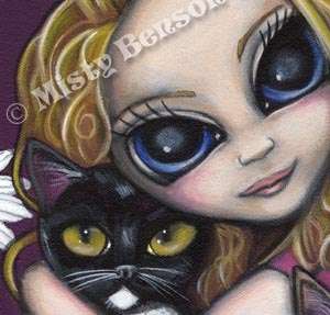 Cat & big eye girl art lowbrow fantasy Kitty Luv CANVAS  