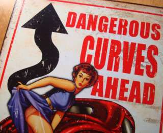DANGEROUS CURVES AHEAD Vintage Automobile Hot Rod Sign  