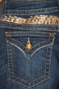 SZ 28 MISS ME Gold Wings & Gold Crystals * Button Flap Boot Cut Jeans 