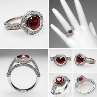 Natural Ruby & Halo Diamond Engagement Ring Solid 14K White Gold