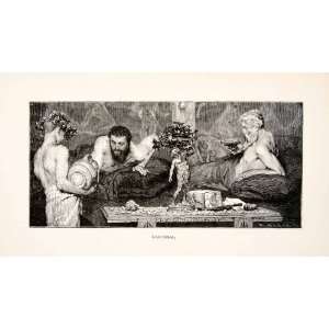 1886 Wood Engraving Tadema Wine Drinking Men Roman Bacchus Carousal 