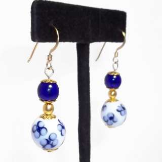   14K Gold Filled GLASS LAMPWORK Bead Delftware Blue and White  