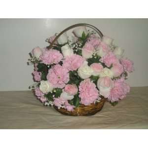 Pink/white Rose and Carnation Flower Basket 