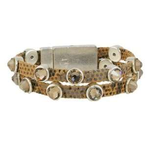  2 Row Taupe Exotic Leather and Crystal Bracelet by Heet Jewelry