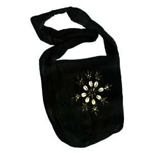   Hemp Handbag With Bead & Shell Floral Design, Black