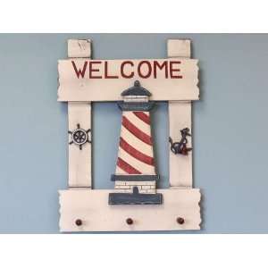  Wooden Welcome Lighthouse Sign with Hooks 18     Nautical 