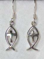 Silver .925 ICHTHUS Fish Christian Cross Earrings e8  