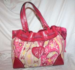 JUICY COUTURE L Martinique Pink Paisley Tote Hand Bag Velour Leather 