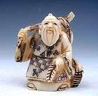 Ship From U.S Ox Bone Hand Carved Netsuke Sculpture Old Man Holds Cane 