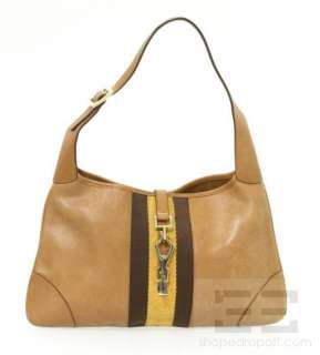 Gucci Tan Leather & Yellow Web Stripe Jackie O Hobo Bag  