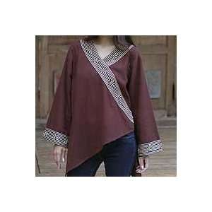 NOVICA Cotton blouse, China Paths in Dark Brown 