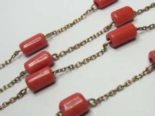 Antique 10K Y Gold Salmon Coral Tube Bead Necklace  