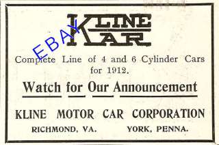 OLD 1911 KLINE KAR MOTOR CAR AD RICHMOND VA YORK PA  