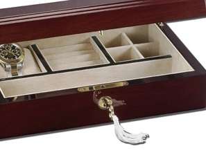   Locking Jewelry Box. Slim Teak Design for Safe Storage with Key  