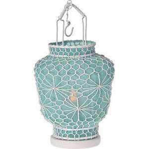  Ice Blue Hanging Wire and Linen Candle Lantern