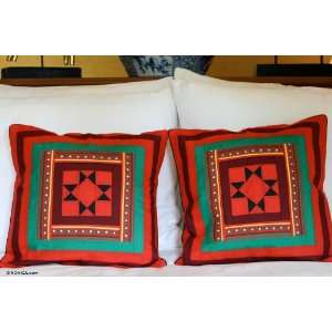  Lahu cotton cushion covers, Red Vortex (pair)