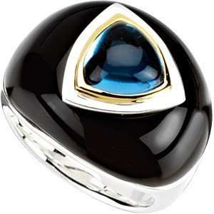  Unusual Swiss Blue Topaz & Black Onyx Silver Dome Ring (8 