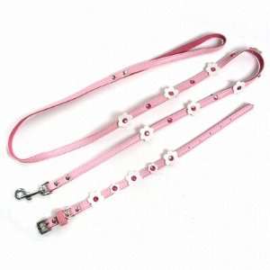  Pink Dog Collar with Lead, Flower Leather Leash and Collar 