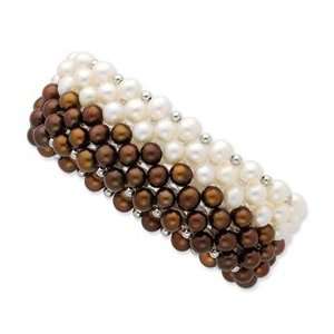 Sterling Silver White/Chocolate 6 7mm Fw Cult. Potato Pearl Stretch 