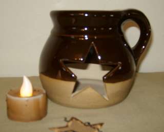PriMiTiVe Country Brown STAR CROCK CANDLE HOLDER Jar Jug Battery Tea 