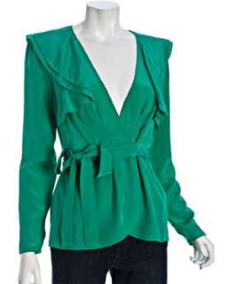 BCBGMAXAZRIA emerald silk wrap ruffle blouse  