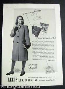 1943 Vintage LEEDS Coats College Girl Fashion 40s Ad  