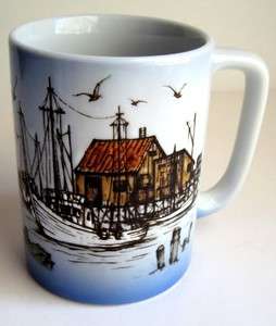   Fishing Village Coffee Mug Cup Boat Dock Lighthouse Seagulls Water