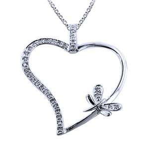   Diamond, 14k White Gold, Heart & Firefly Pendant with Chain: Jewelry