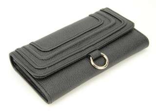   Leather Bifold Snap Long Wallet Quilted Ring Card Holder Black 0639 Q